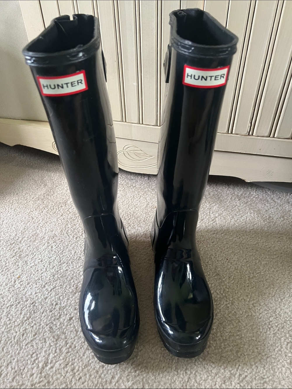 Hunter Gloss Black Tall Rain Boots with Red Logo Accent